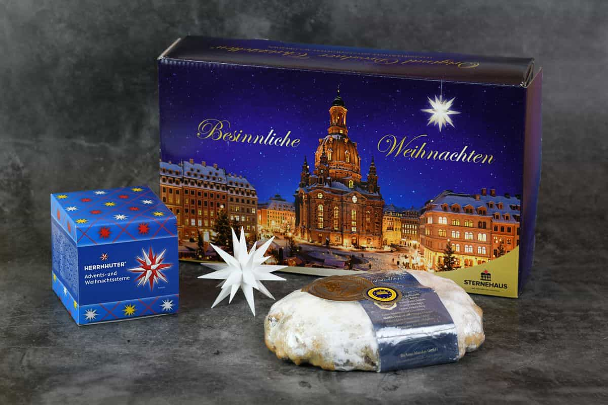 Herrnhuter Stern und Original Dresdner Christstollen® 0,5 kg im Geschenkkarton